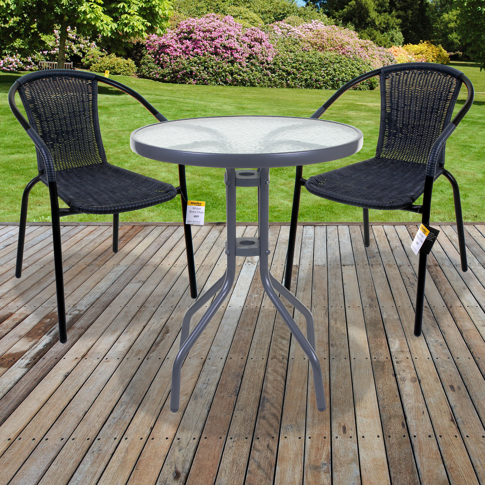 BISTRO SET GREY WICKER CHAIRS ROUND GLASS TABLE RATTAN SEAT OUTDOOR GARDEN PATIO BISTRO SET GREY WICKER CHAIRS ROUND GLASS TABLE RATTAN SEAT OUTDOOR GARDEN PATIO