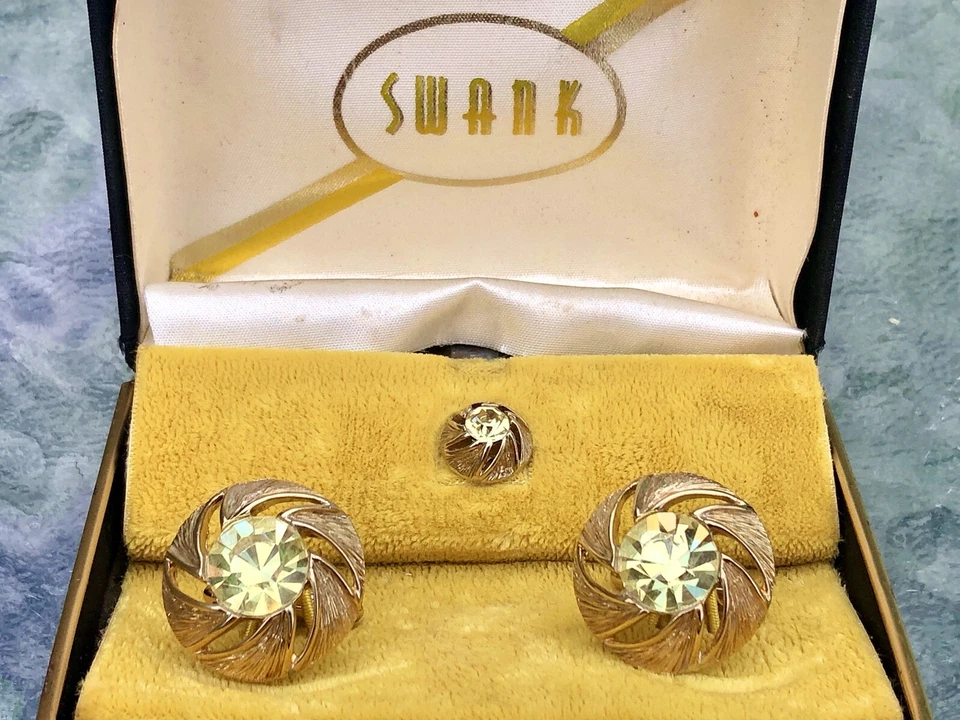 Gemelos de molinete de cristal amarillo facético vintage para hombre bisutería Foto 3 de 4