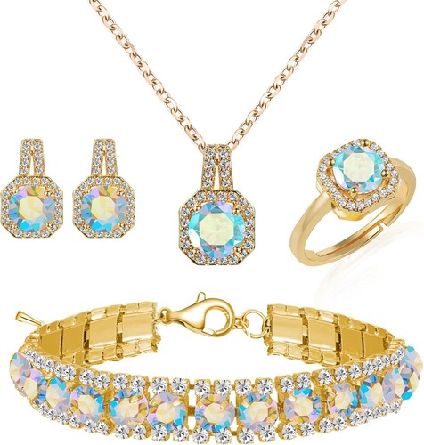 4-teiliges Zirkonia Brautschmuck Set - Halskette, Ohrringe, Armband & Ring - Bild 10 von 28