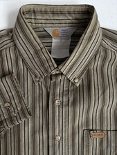 Carhartt Mens Green Brown Striped Heavyweight Work Shirt Long Sleeve Button Down