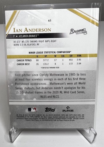 2021 Topps Gold Label Ian Anderson RC Class 1 Base Card #65 - Picture 2 of 2