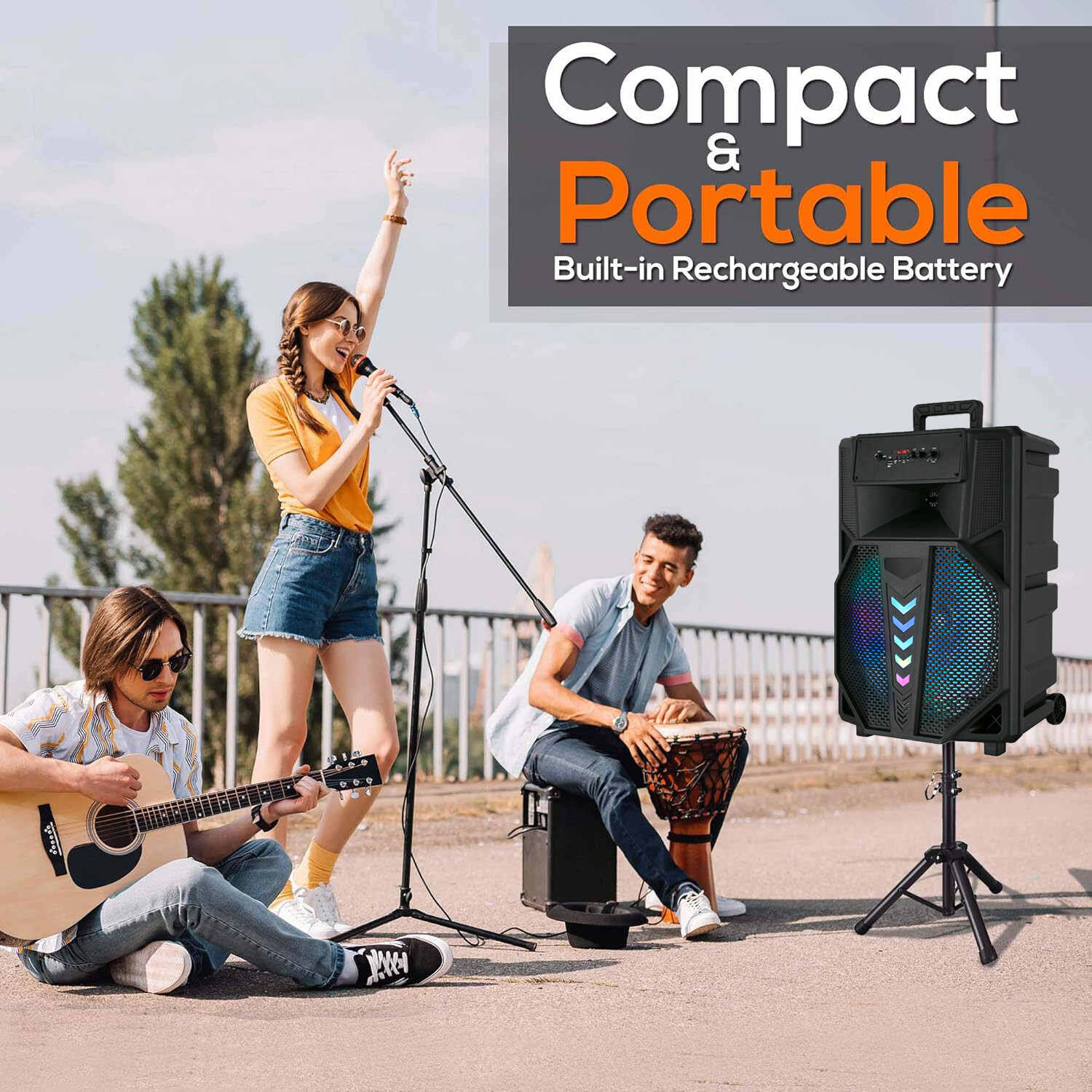 15" Portable Party Bluetooth Speaker w/ LED Party Lights, Wired Mic & Stand