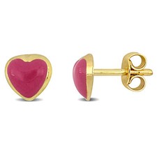 Amour 14k Yellow Gold Pink Enamel Heart Stud Earrings