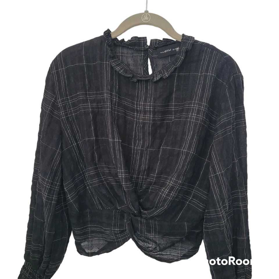 Top de semillas de mostaza para mujer mediano negro a cuadros manga larga nudo transparente delantero Foto 2 de 4