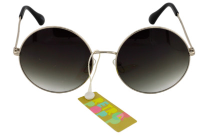 SUNGLASSES-High Fashion Round Silver Frame Black Ears Gradient Charcoal Lens