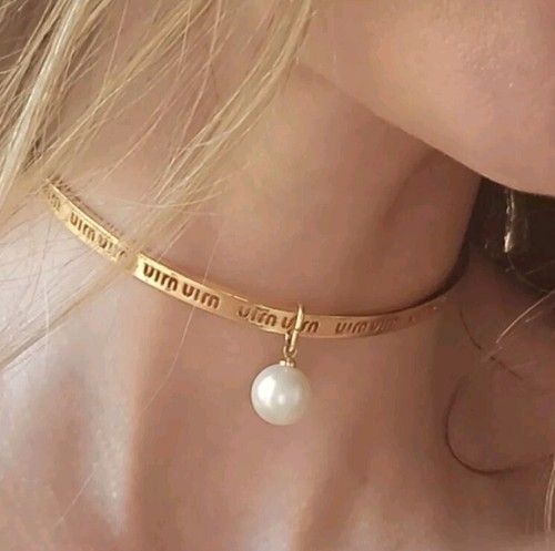 RARE MIU MIU Authentic Chocker Necklace with Dangling Pearl [Gold Lasercut LOGO  - Picture 1 of 12