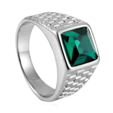 Classic Green Square CZ Wedding Ring Stainless Steel Fashion Jewelry Size 7-13