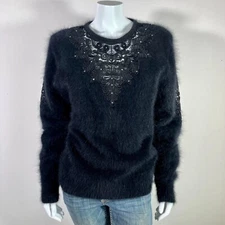 80% Angora Fuzzy Vintage PARISLINE Black Beaded Lace Pullover Sweater 42 in bust