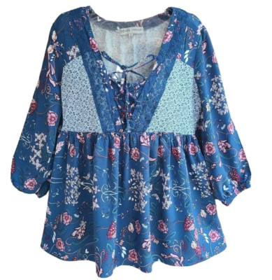 ABSOLUTELY FAMOUS Blue Floral Empire Waist Peasant Top Size S 3/4 Sleeves