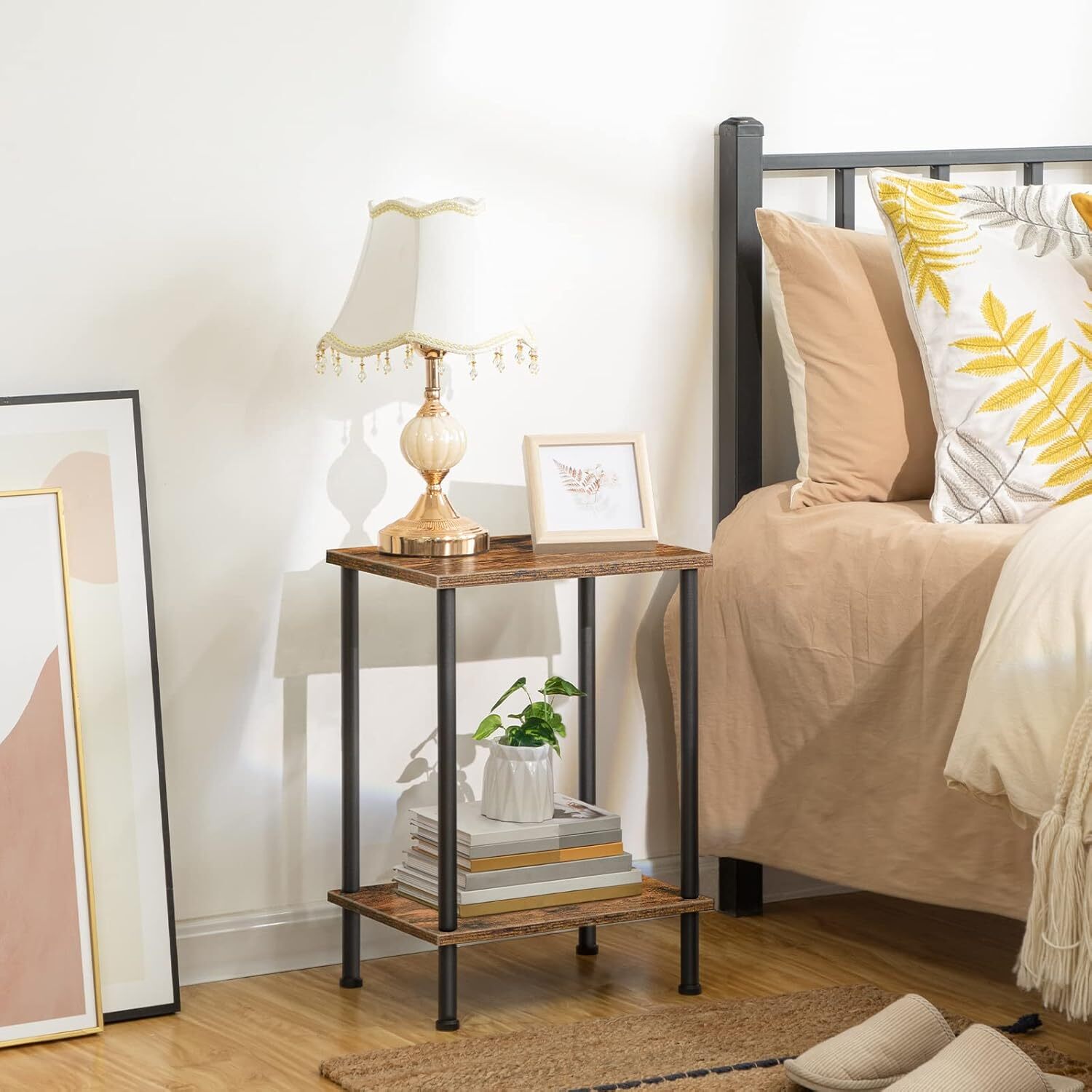 End Table, Small Side Table, Nightstand with 2-Layer Storage Shelves, Sofa Table