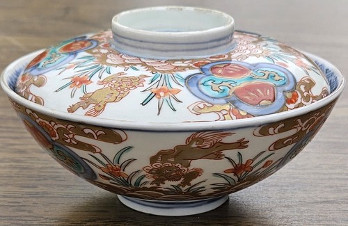 Japanese Lidded Rice Bowl Antique Porcelain Kinrande Imari Arita Aoki