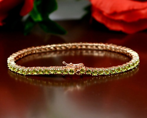 Round Natural Green Peridot Gemstone 925 Sterling Silver Tennis Bracelet Jewelry - Picture 9 of 12