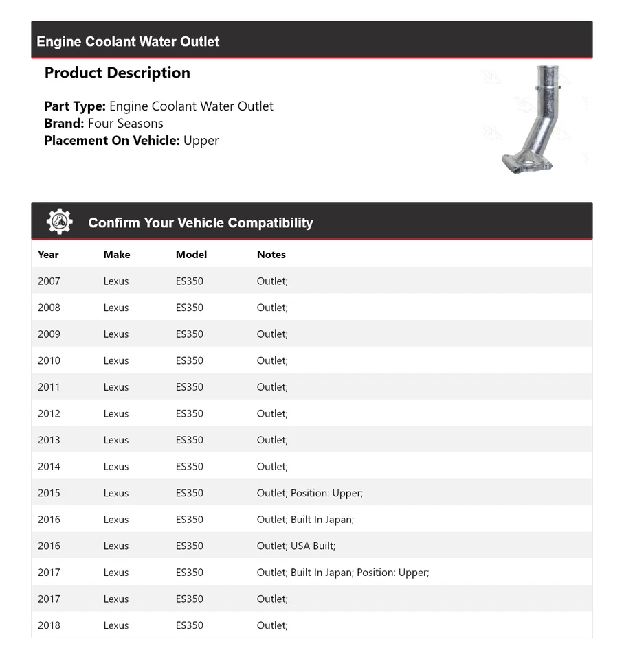 For 2007-2018 Lexus ES350 Engine Coolant Water Outlet 4 Seasons 2008 2009 2010 - Image 2 of 4