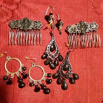 EXQUISITE DARK GLAMOUR BLACK MULTI DANGLE DROP PIERCED EARRING & HAIR COMB SETS