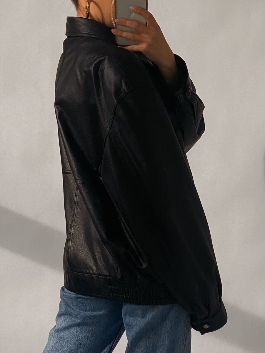90's Women leather Jacket, Sheepskin Black Vintage Style Oversized
