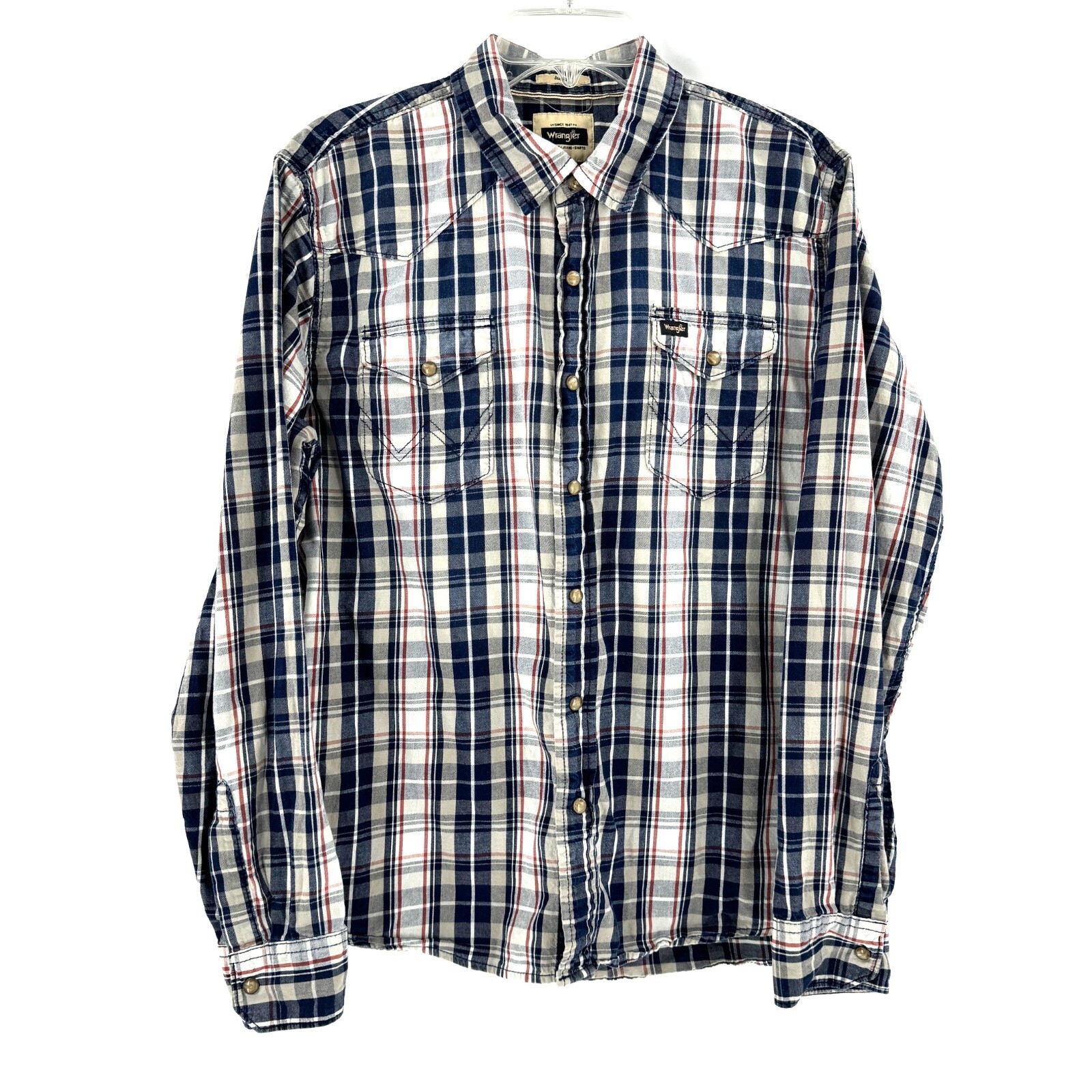 Wrangler Indigo Men's Shirt Pearl Snap Pockets Western Cowboy Size Large Plaid