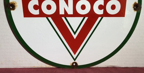 VINTAGE CONOCO GASOLINE TRIANGLE 11.75" PORCELAIN OIL SIGN PUMP PLATE - Picture 5 of 6