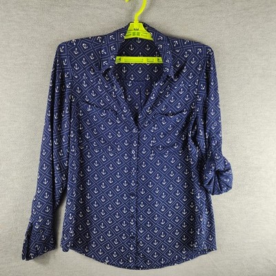 Express Portofino Shirt Womens M Blue Nautical Anchor Roll Tab Button Front