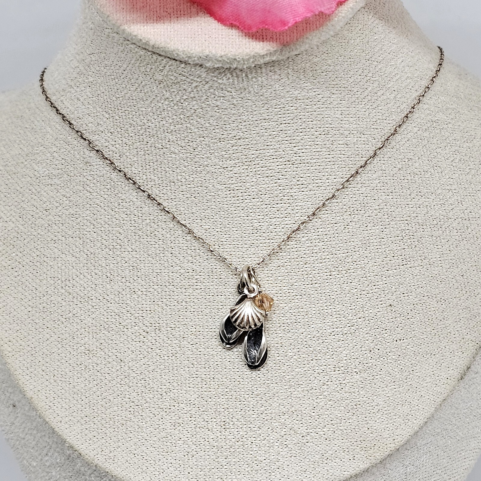 925 Sterling Silver - Flip Flops Shell Crystal Ch… - image 1