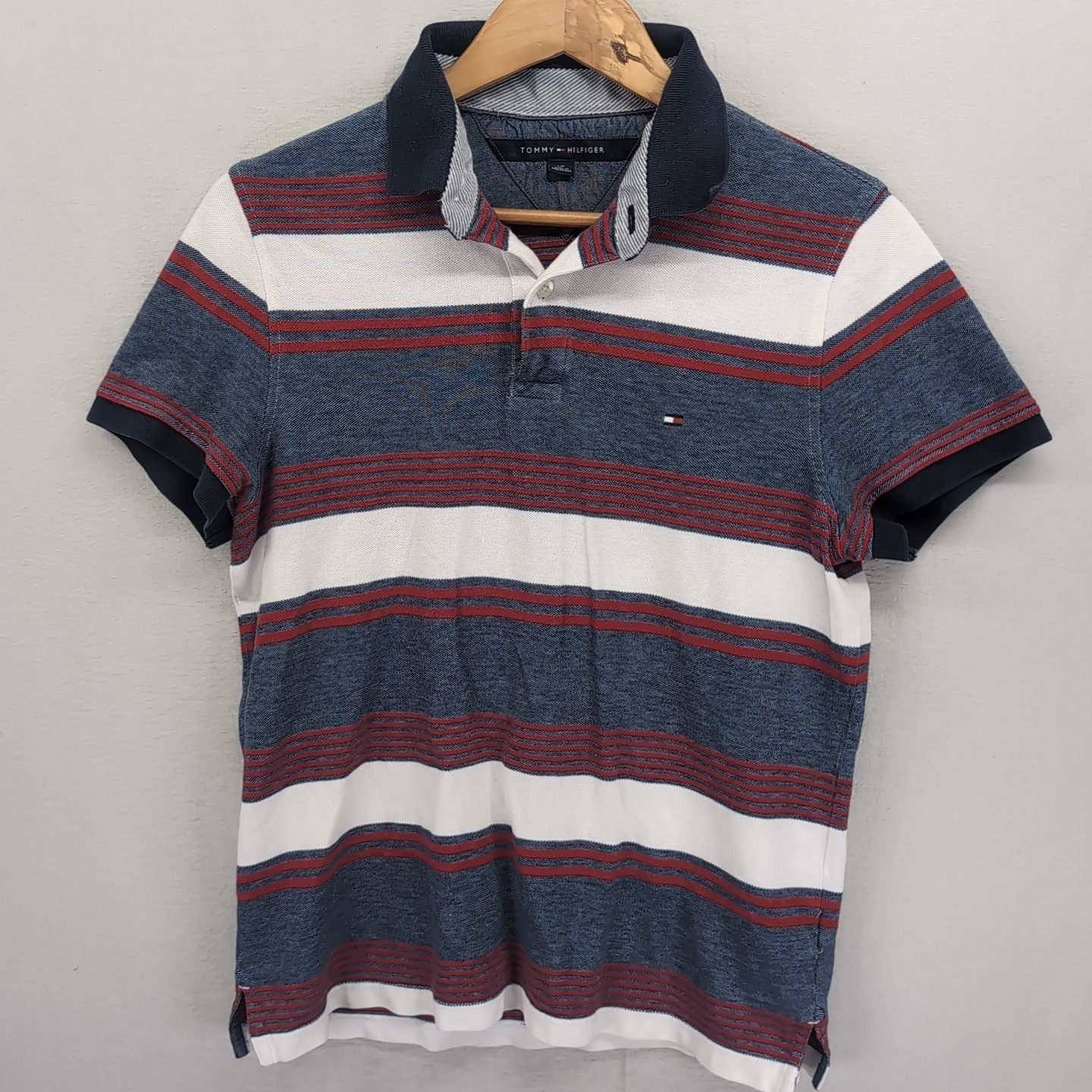 Tommy Hilfiger Striped Blue Red White Polo Shirt Mens Preppy Designer USA Style