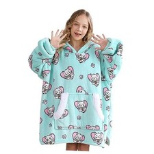 Blanket Hoodie fors Girls Boys Teens, Oversized Flannel  Sherpa Kid Green Cat