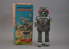S Yoneya Mechanical Walking Space Man Original Box Japan Wind Up Tin Toy