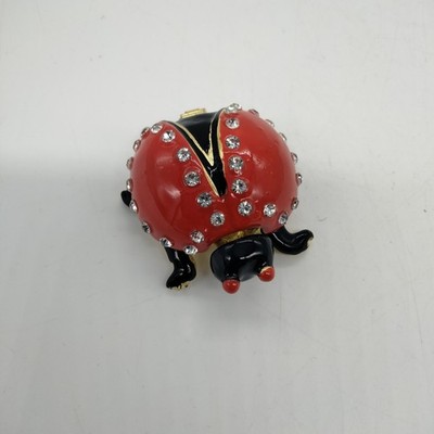 Enamel On Brass Jeweled Hinged Magnetic Lady Bug Trinket Box
