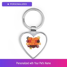 Custom Siamese Cat Paw Print Keychain Personalized Pet Name Heart Shaped