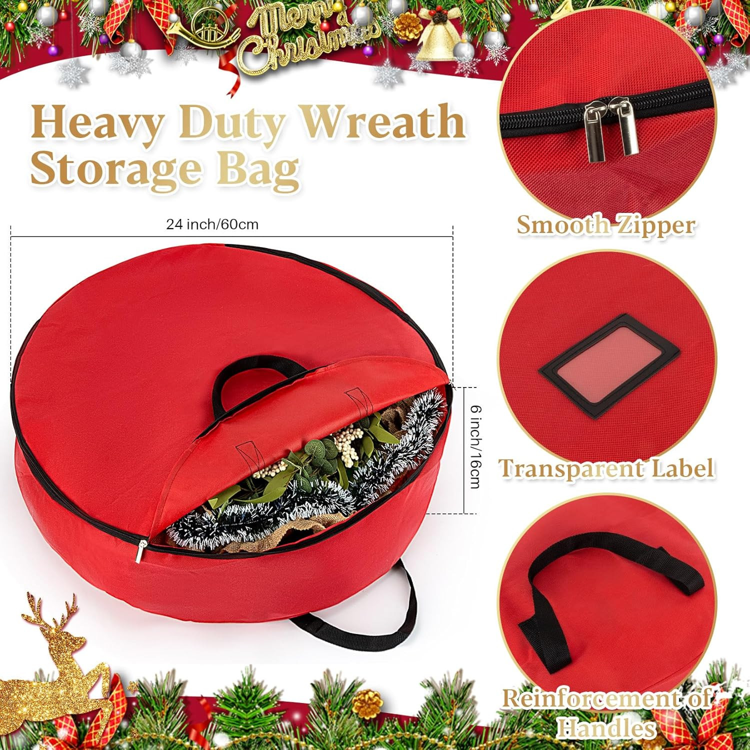 24 Christmas Wreath Storage Bag Heavy Duty Red Holiday Ornament Storage Box