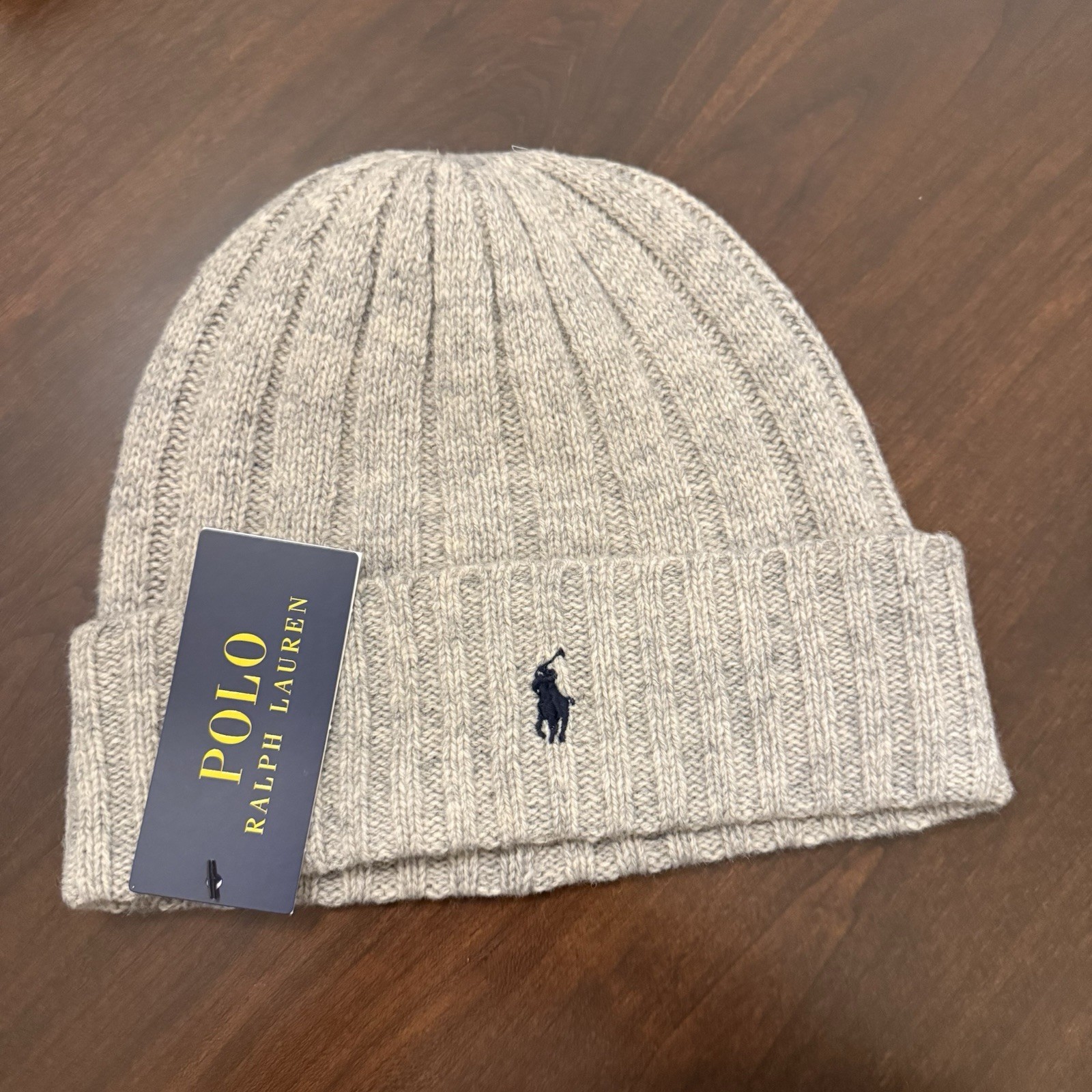Polo RALPH LAUREN Logo Pony Gray WOOL Knit Cuffed Beanie HAT Cap Mens OS NEW