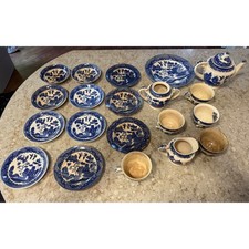 Vintage Blue Willow Tea Set Occupied Japan Blue White Transferware 18pc As-Is