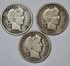 1914, 1915 and 1916 Barber 10c Silver Dimes Lot of 3