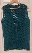 Womens Crochet Vest Open Knit Teal Green Grandmacore Handmade Vintage Boho