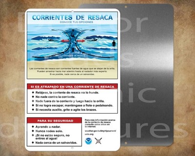 Larger RIP CURRENTS SPANISH ESPANOL version warning rip tide  12x18'' metal sign
