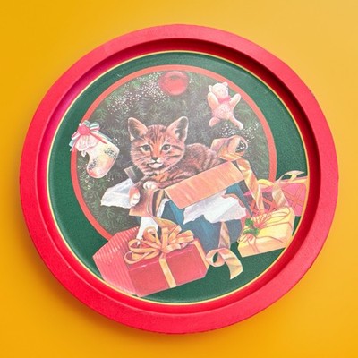 Vintage 12  Christmas Cat Serving Tray Red Rim Holiday Kitten Gift Tin Metal