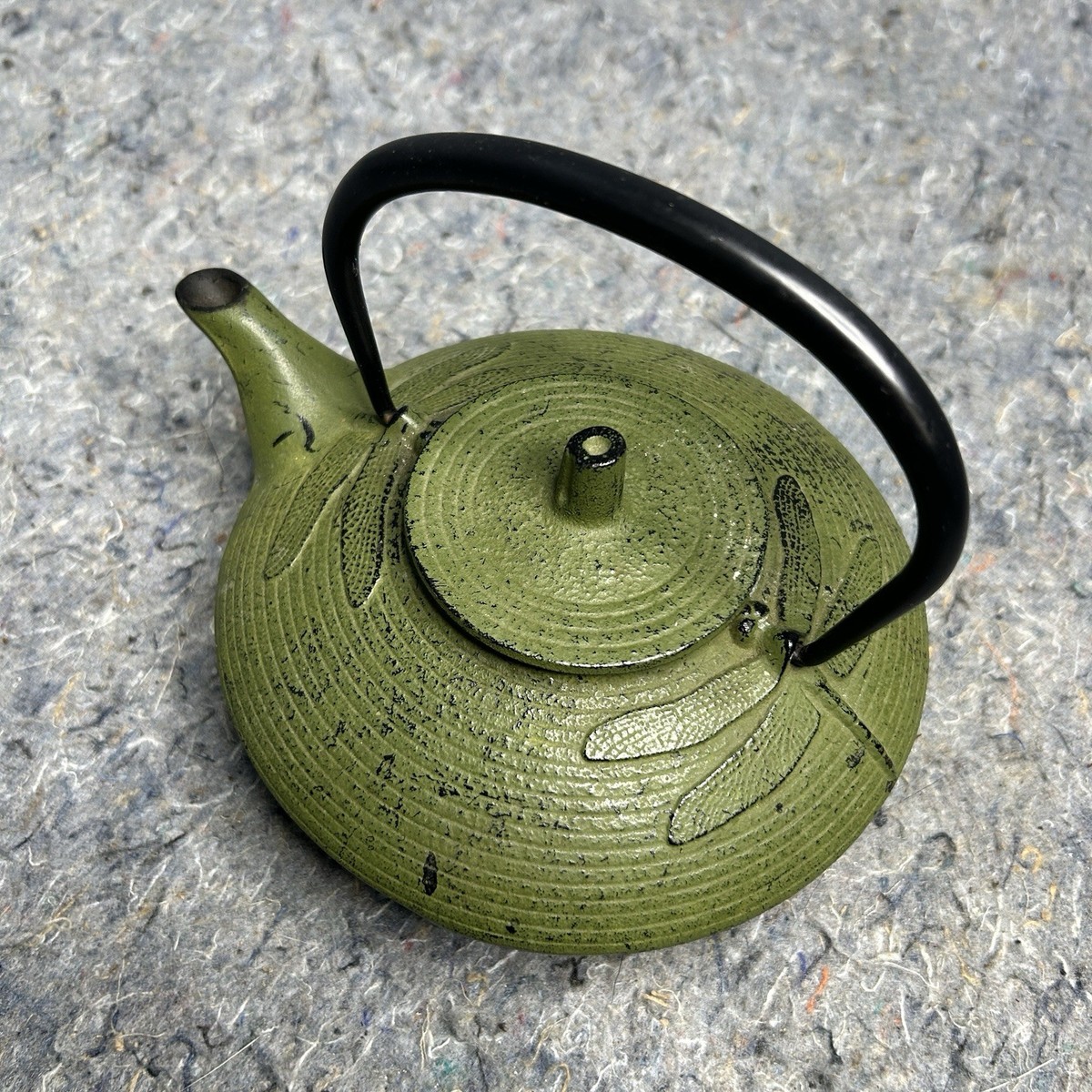 Vintage Kotobuki Japan Green Cast Iron Dragonfly Teapot Enamel Tea