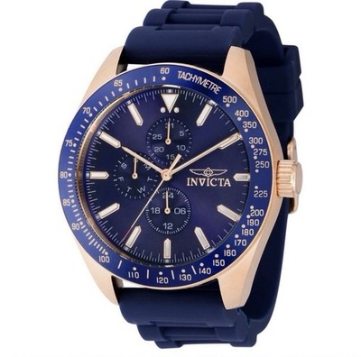 Invicta 38406 Watch Aviator Chrono Rose Gold Tone Case Blue Bezel Strap