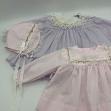 Lot Of 2 Vtg Baby Girl Dresses Bryan Sz 6 M Little Rose Buds Bonnet Paper Tag