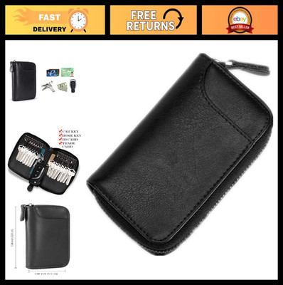 Large Zipper Leather Car Key Case Organizer Wallet with 16 Hooks - Black Key Hol