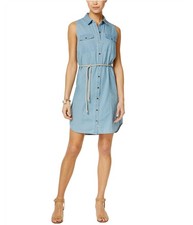 G.H. Bass & Co. Womens Waist Tie Shirt Dress, Blue, Small