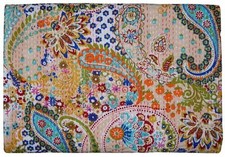 Indische Kantha-Steppdecke aus Baumwolle, handgefertigt, beige Tagesdecke,...