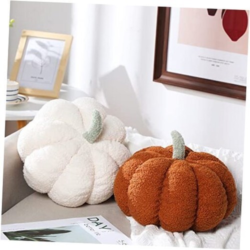 2 Pieces Simulated Pumpkin Pillow Plush Pillow 3D Pumpkin Shaped White, Brown