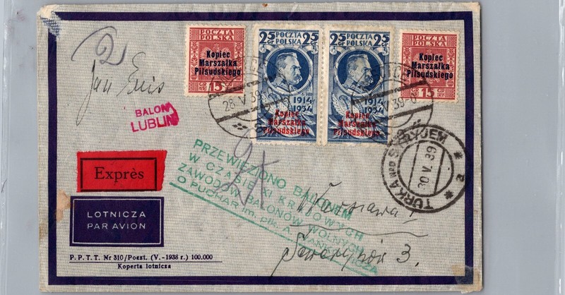 1939 Moscice Poland Lublin Ballon Flight Airmail Express Cover to Warsaw