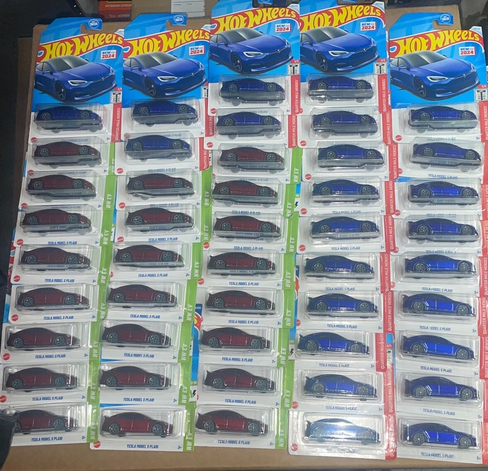 Hot Wheels Tesla Model S Plaid Blue Quarter Mile Heroes HW EV Red Lot of 50 - Image 2 of 4