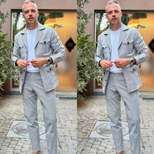 Seersucker Men's Suit Pinstriped 2pcs Outdoor Menstyle Jacket Coat Daily Spring