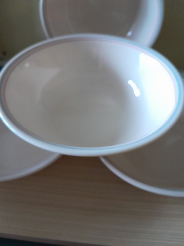 CORELLE SANDSTONE ENGLISH BREAKFAST PINK BLUE RIM 6 1/4" SOUP/CEREAL BOWLS (4) - Picture 2 of 7