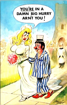 Bamforth #356 Busty Bride Slovenly Husband Pajamas Ready Bed Humor Postcard E54