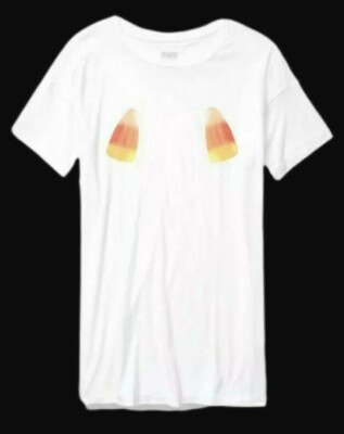 Victorias Secret PINK Perfect Crew Neck Short Sleeve T-Shirt White Candy Corn