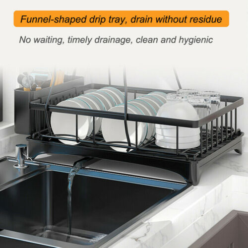 Dish Drainer Drying Rack with Cup Holder Foldable Cutlery Tray Kitchen Organiser - Picture 3 of 60
