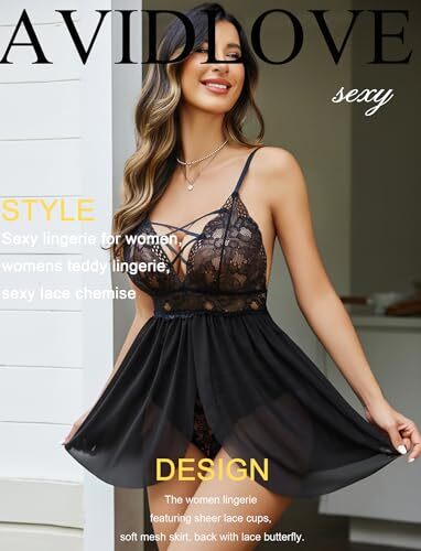 Lencería para Mujer Sexy Camisones Encaje Quimise Prendas para Dormir Medianas Negras - Imagen 3 de 7